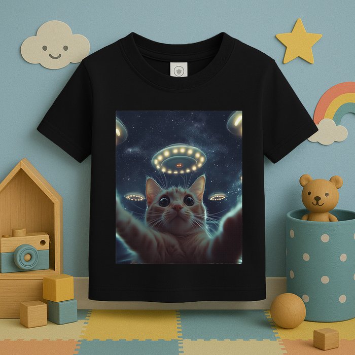 Cat Selfie With Ufos Aliens Kitten Funny Graphic Toddler T-Shirt