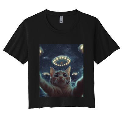 Cat Selfie With Ufos Aliens Kitten Funny Graphic Crop Top