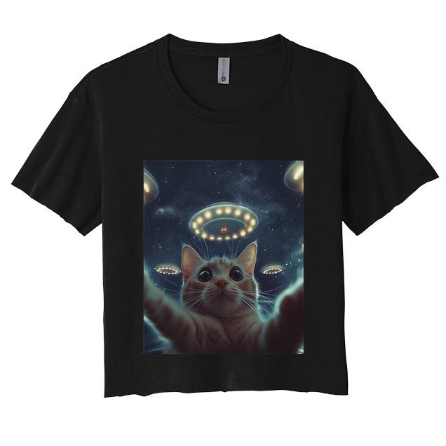 Cat Selfie With Ufos Aliens Kitten Funny Graphic Crop Top