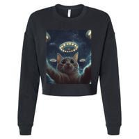 Cat Selfie With Ufos Aliens Kitten Funny Graphic Cropped Pullover Crew