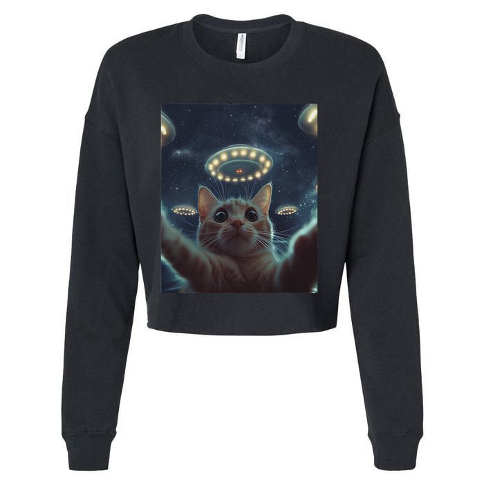 Cat Selfie With Ufos Aliens Kitten Funny Graphic Cropped Pullover Crew