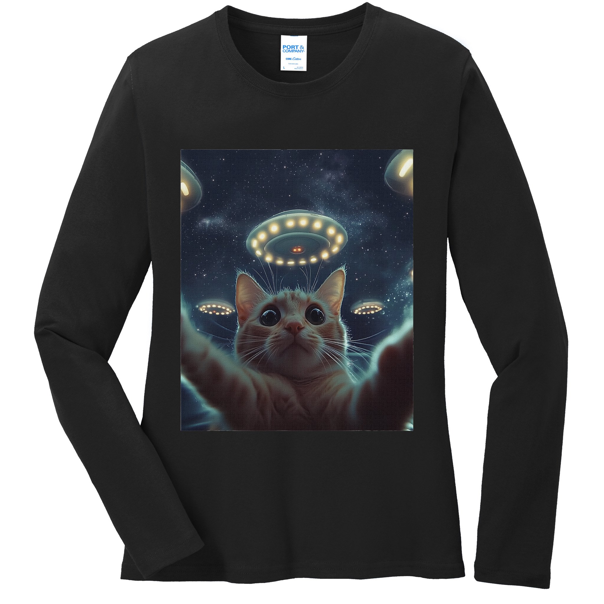 Cat Selfie With Ufos Aliens Kitten Funny Graphic Ladies Long Sleeve Shirt