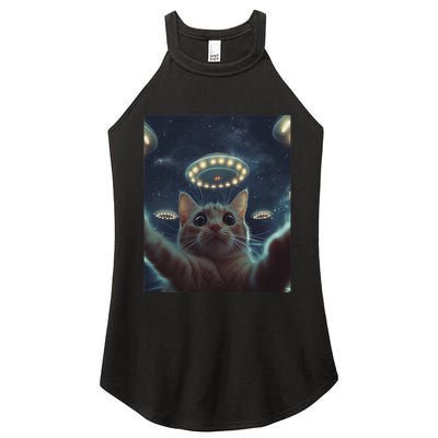 Cat Selfie With Ufos Aliens Kitten Funny Graphic Women's Perfect Tri Rocker Tank