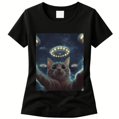 Cat Selfie With Ufos Aliens Kitten Funny Graphic Womens T-Shirt
