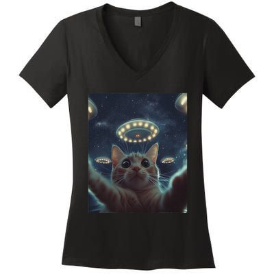 Cat Selfie With Ufos Aliens Kitten Funny Graphic Women's V-Neck T-Shirt
