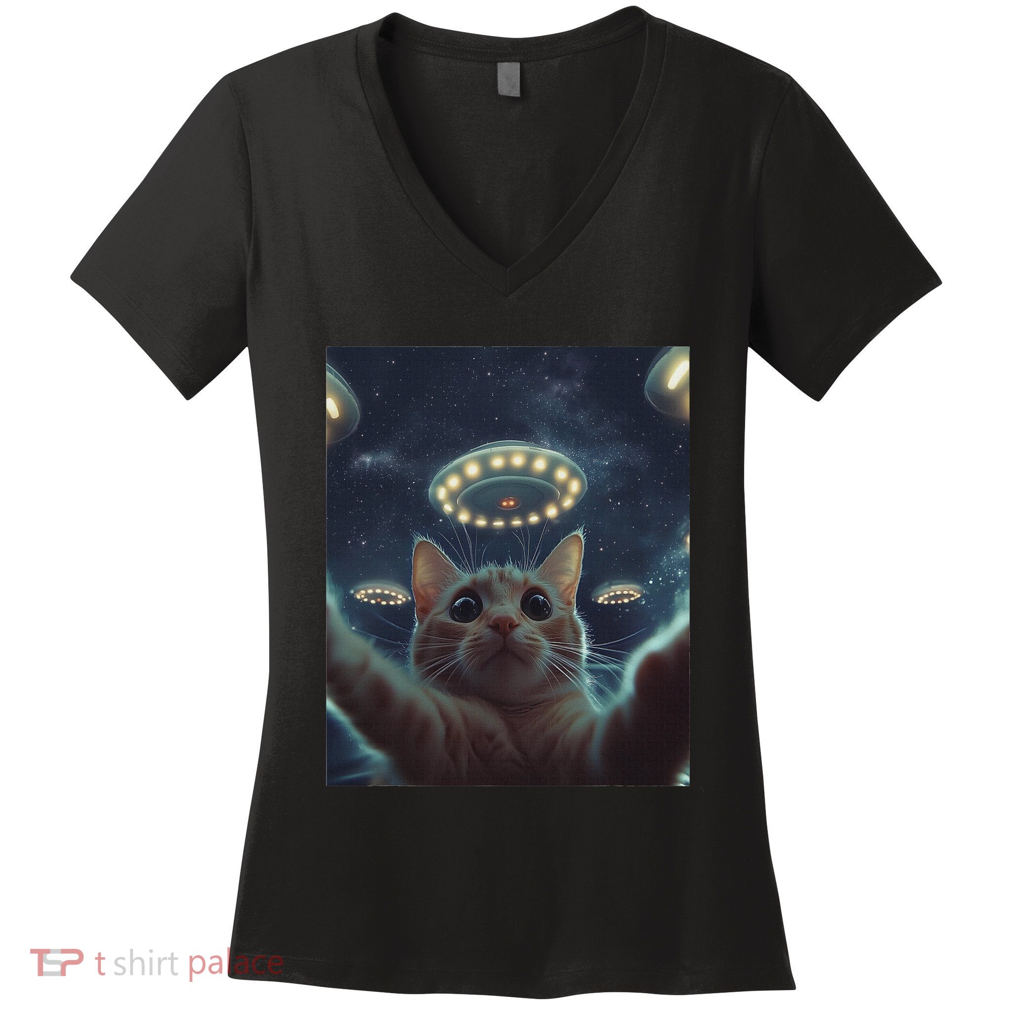 Cat Selfie With Ufos Aliens Kitten Funny Graphic Women's V-Neck T-Shirt
