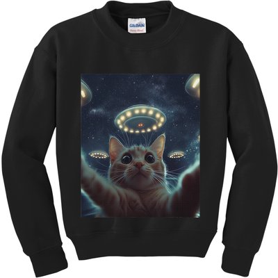 Cat Selfie With Ufos Aliens Kitten Funny Graphic Kids Sweatshirt