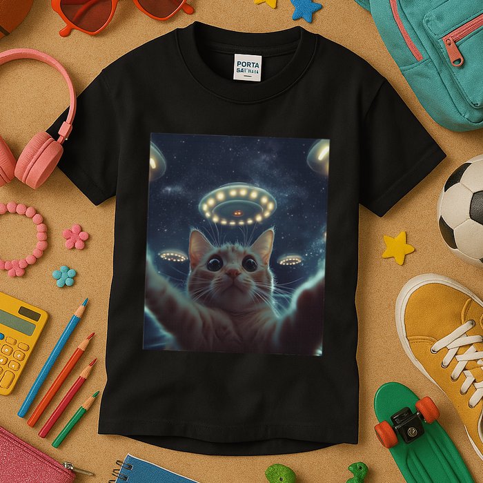 Cat Selfie With Ufos Aliens Kitten Funny Graphic Kids T-Shirt