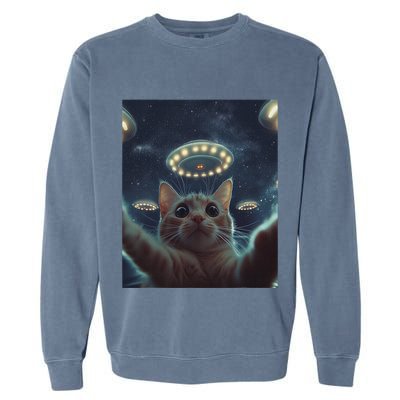 Cat Selfie With Ufos Aliens Kitten Funny Graphic Garment-Dyed Sweatshirt