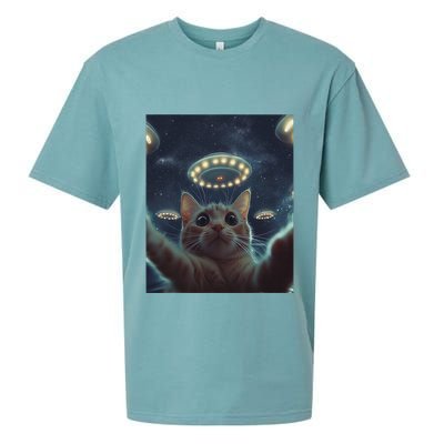 Cat Selfie With Ufos Aliens Kitten Funny Graphic Sueded Cloud Jersey T-Shirt
