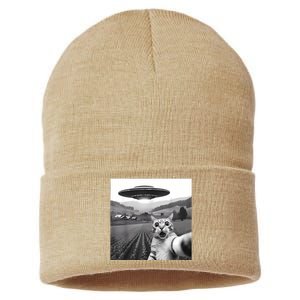 Cat Selfie With Alien Ufo Funny Cat Gifts Sustainable Knit Beanie