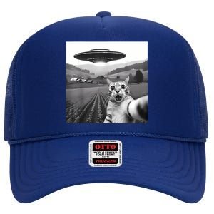 Cat Selfie With Alien Ufo Funny Cat Gifts High Crown Mesh Back Trucker Hat