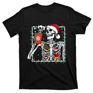 Christmas Skeleton With Smiling Skull Drinking Coffee Latte T-Shirt