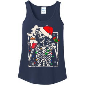 Christmas Skeleton With Smiling Skull Drinking Coffee Latte Gift Ladies Essential Tank