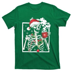 Christmas Skeleton With Smiling Skull Drinking Coffee Latte T-Shirt