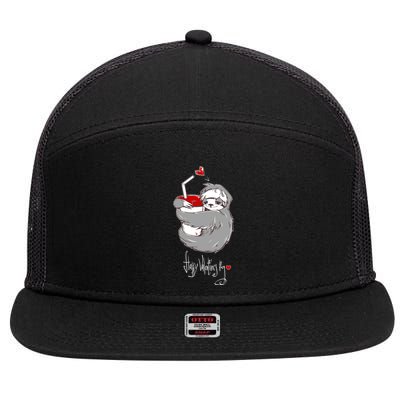 Cute Sloth With Cup Happy Valentines Day 7 Panel Mesh Trucker Snapback Hat