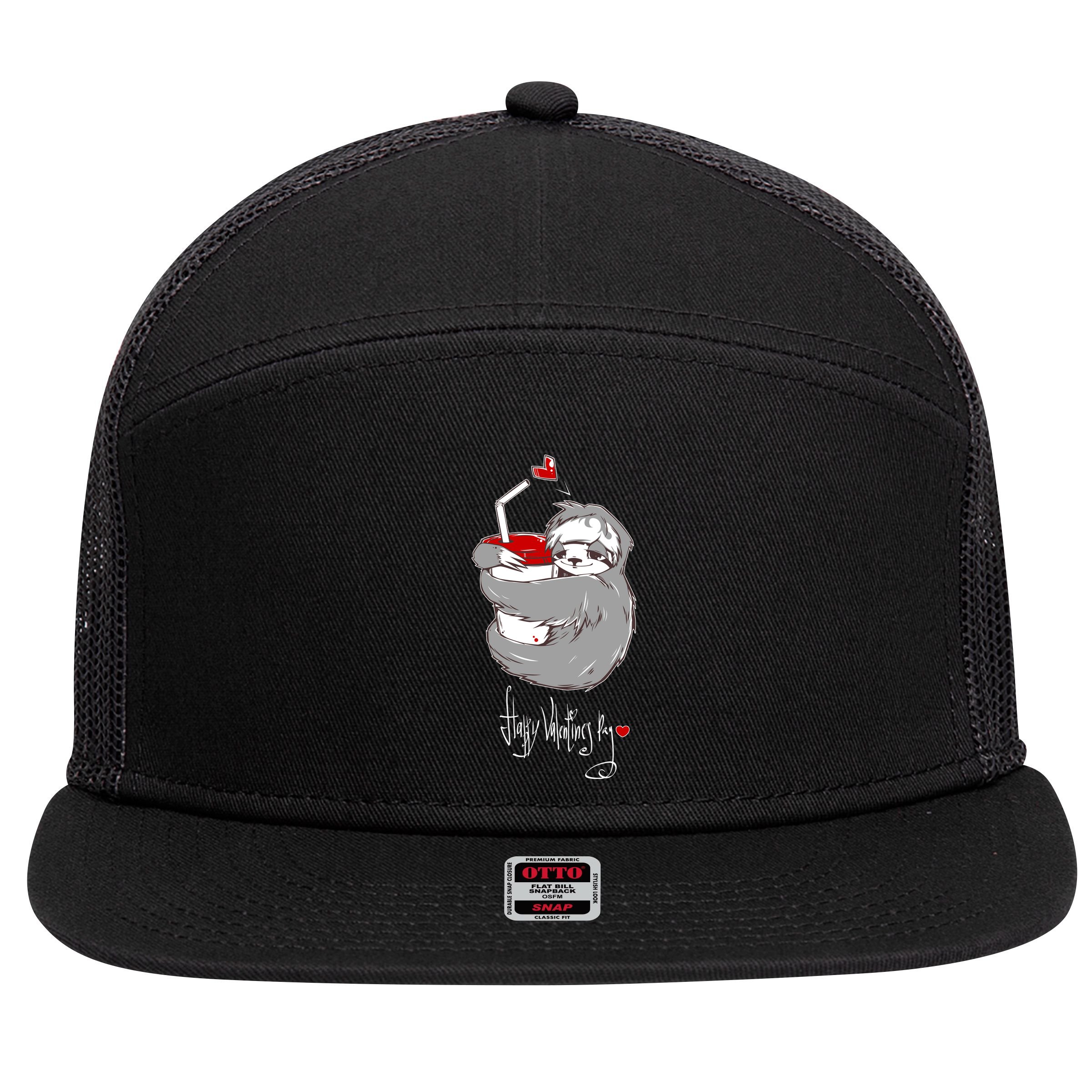Cute Sloth With Cup Happy Valentines Day 7 Panel Mesh Trucker Snapback Hat
