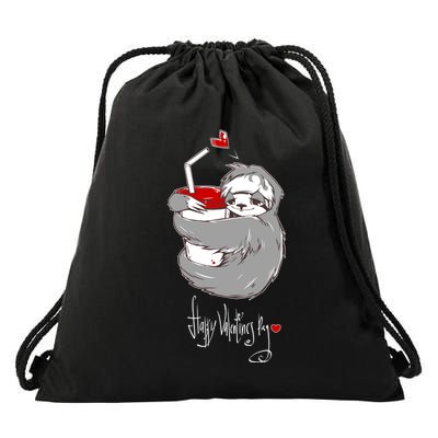 Cute Sloth With Cup Happy Valentines Day Drawstring Bag