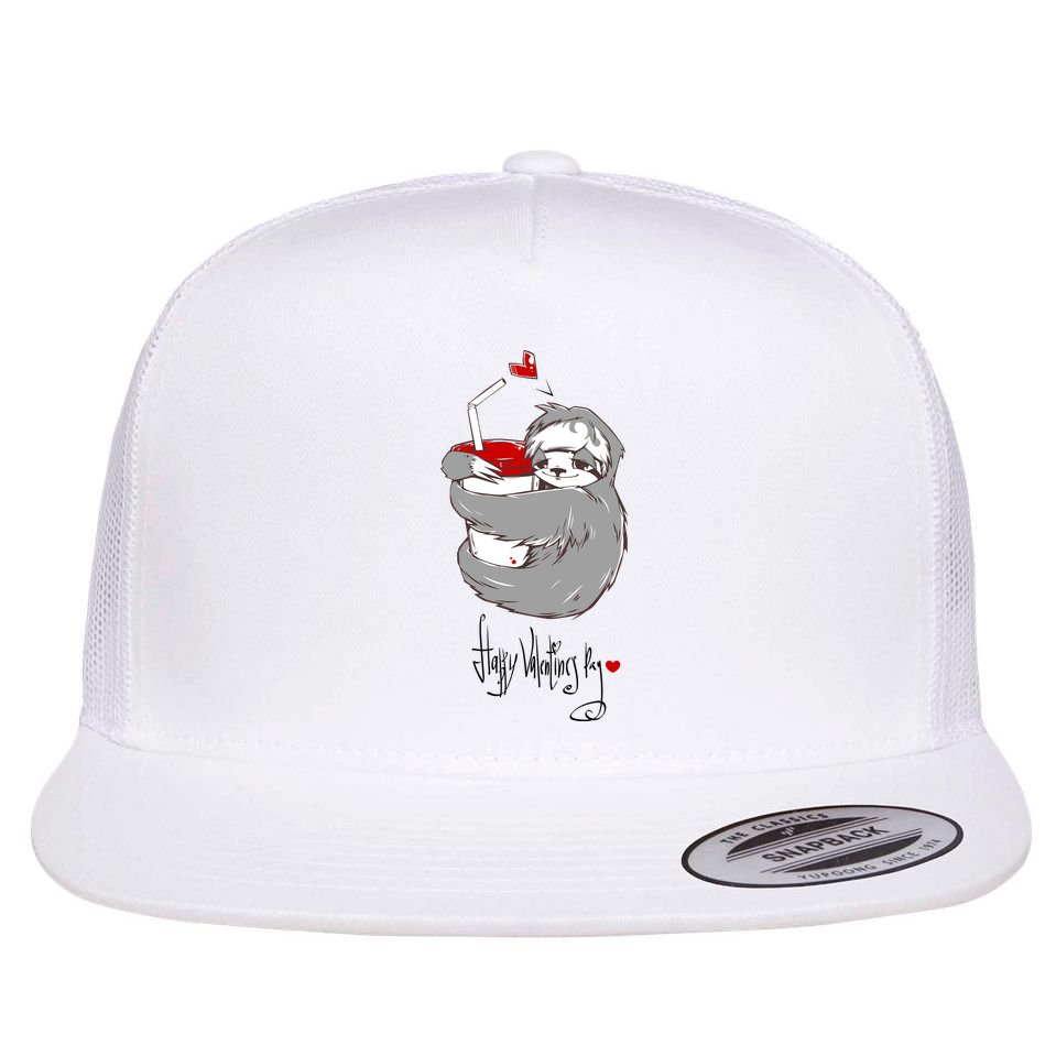 Cute Sloth With Cup Happy Valentines Day Flat Bill Trucker Hat