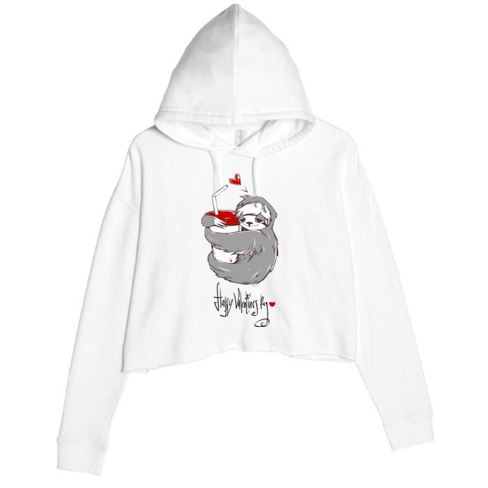 Cute Sloth With Cup Happy Valentines Day Crop Fleece Hoodie