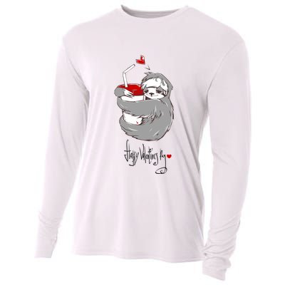Cute Sloth With Cup Happy Valentines Day Cooling Performance Long Sleeve Crew