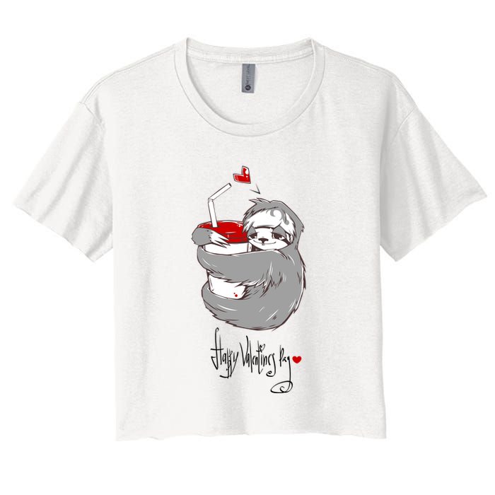 Cute Sloth With Cup Happy Valentines Day Women's Crop Top Tee