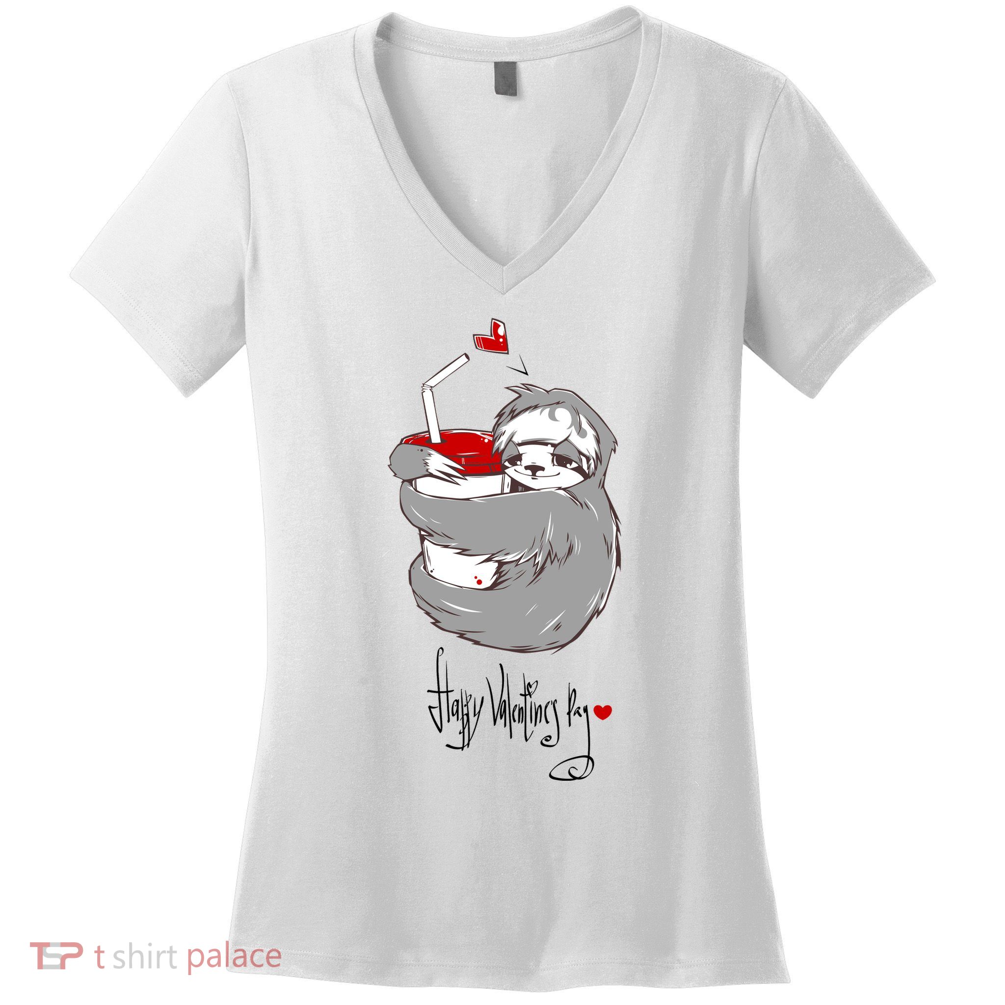 Cute Sloth With Cup Happy Valentines Day Women's V-Neck T-Shirt