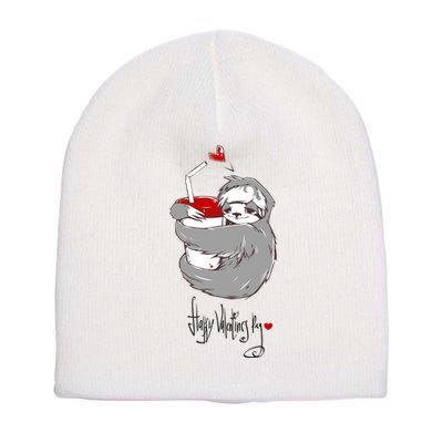 Cute Sloth With Cup Happy Valentines Day Short Acrylic Beanie