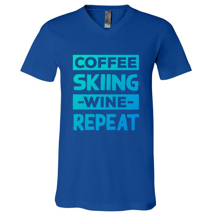 Coffee Skiing Wine Repeat Snow Skiing Coffee Lover Gift V-Neck T-Shirt