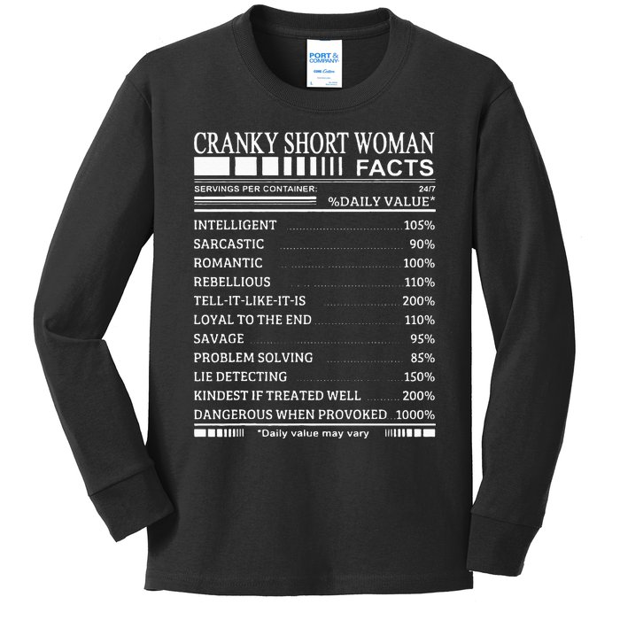 Cranky Short Woman Facts Servings Per Container Kids Long Sleeve Shirt