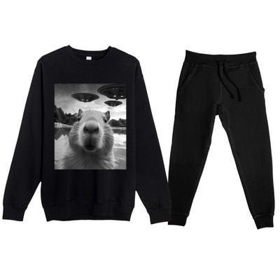 Capybara Selfie With Ufos Weird Premium Crewneck Sweatsuit Set