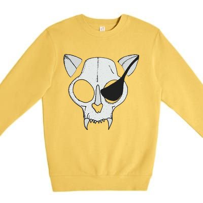 Cat Skull With Pirate Patch Halloween Skeleton Drawing Gift Premium Crewneck Sweatshirt