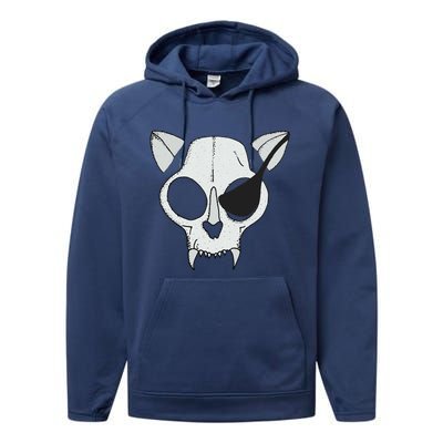 Cat Skull With Pirate Patch Halloween Skeleton Drawing Gift Performance Fleece Hoodie