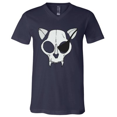 Cat Skull With Pirate Patch Halloween Skeleton Drawing Gift V-Neck T-Shirt