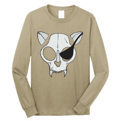 Cat Skull With Pirate Patch Halloween Skeleton Drawing Gift Long Sleeve Shirt