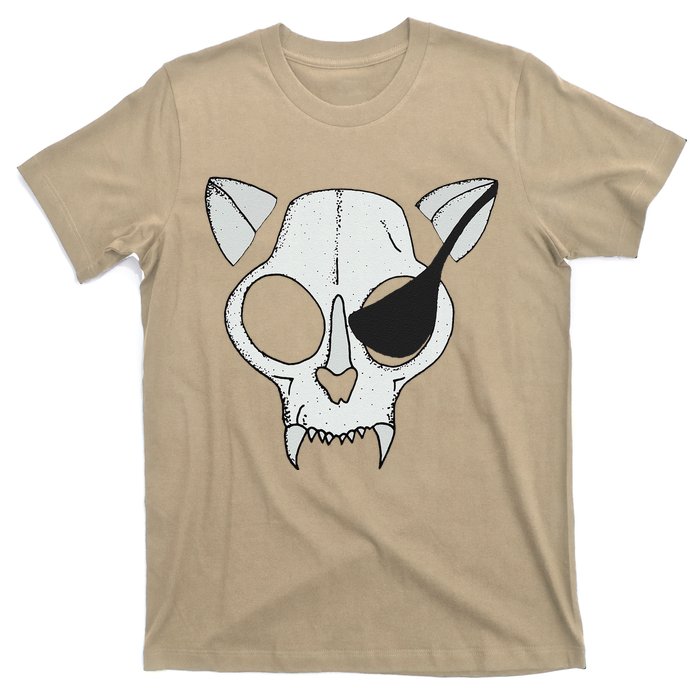 Cat Skull With Pirate Patch Halloween Skeleton Drawing Gift T-Shirt