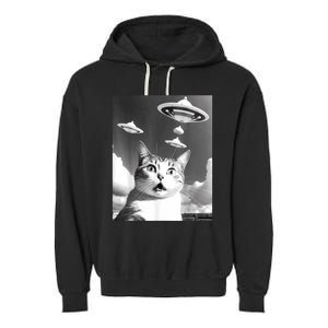 Cat Selfie With Alien UFO Spaceship Funny Cat Lovers Garment-Dyed Fleece Hoodie