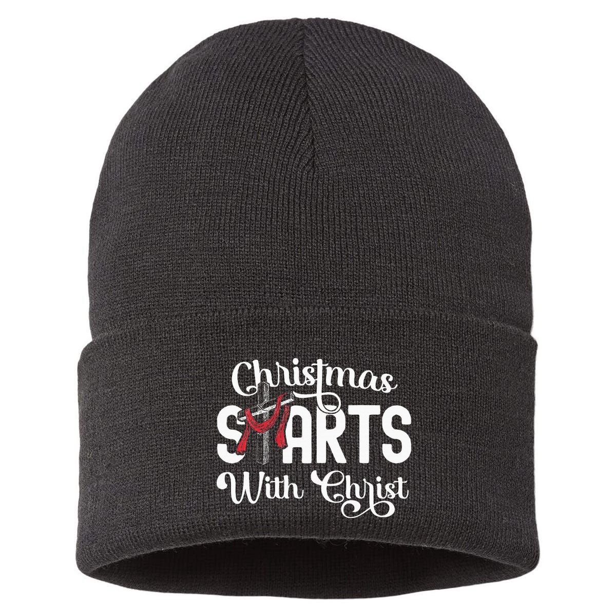 Christmas Starts With Christ Cross Jesus Christian Sustainable Knit Beanie