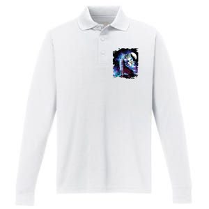 Cosmic Space Wolf Wolves Family Howling At Moon Performance Long Sleeve Polo