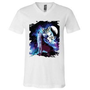 Cosmic Space Wolf Wolves Family Howling At Moon V-Neck T-Shirt