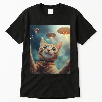 Cat Selfie With Ufos Aliens Kitten Funny Tall T-Shirt