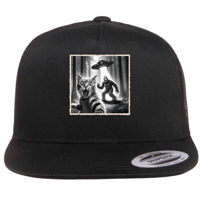 Cat Selfie With Bigfoot & UFO | Funny Sasquatch & Cat  Flat Bill Trucker Hat