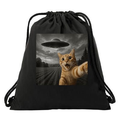 Cat Selfie With Alien UFO Cat Drawstring Bag