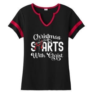 Christmas Starts With Christ Cross Jesus Christian Ladies Halftime Notch Neck Tee