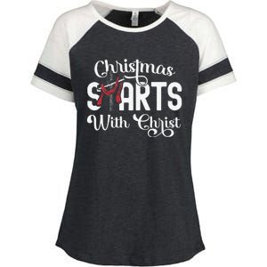 Christmas Starts With Christ Cross Jesus Christian Enza Ladies Jersey Colorblock Tee