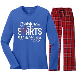 Christmas Starts With Christ Cross Jesus Christian Women's Long Sleeve Flannel Pajama Set 