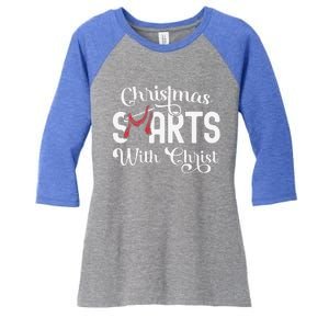 Christmas Starts With Christ Cross Jesus Christian Women's Tri-Blend 3/4-Sleeve Raglan Shirt