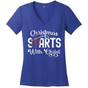 Christmas Starts With Christ Cross Jesus Christian Women's V-Neck T-Shirt