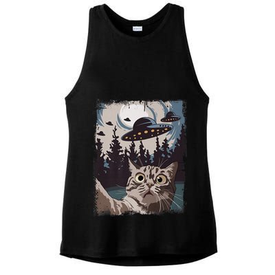 Cat Selfie With Ufo Alien Funny Cat Graphic Ladies PosiCharge Tri-Blend Wicking Tank