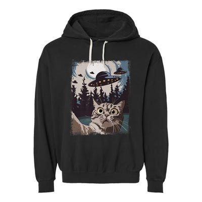Cat Selfie With Ufo Alien Funny Cat Graphic Garment-Dyed Fleece Hoodie